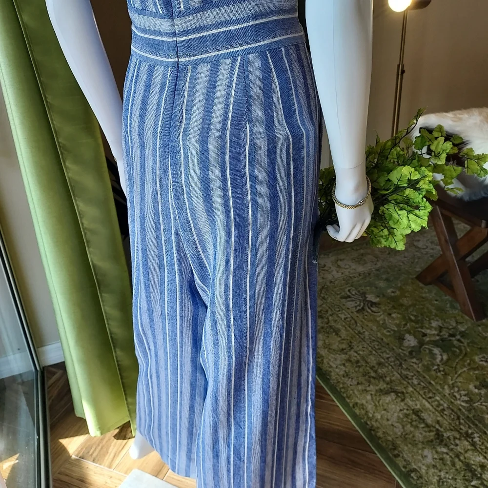 Calvin Klein Striped Linen & Rayon Jumpsuit in a Denim Blue & White. - Picture 3 of 16